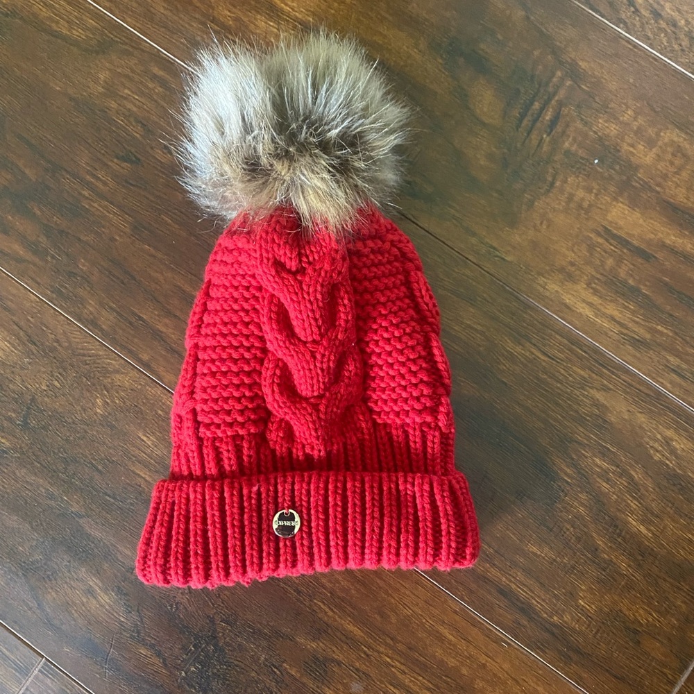 Express Red and Brown Knit Pom-Pom Beanie